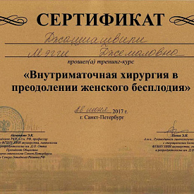 Сертификат Джашиашвили Мэгги Джемаловны, который подтверждает, что врач прошел тренинг-курс «Внутриматочная хирургия в преодолении женского бесплодия»