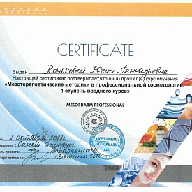 Сертификат Коньковой Юлии Геннадьевны, который подтверждает, что врач прошел обучение «Мезотерапевтические методики в профессиональной косметологии»